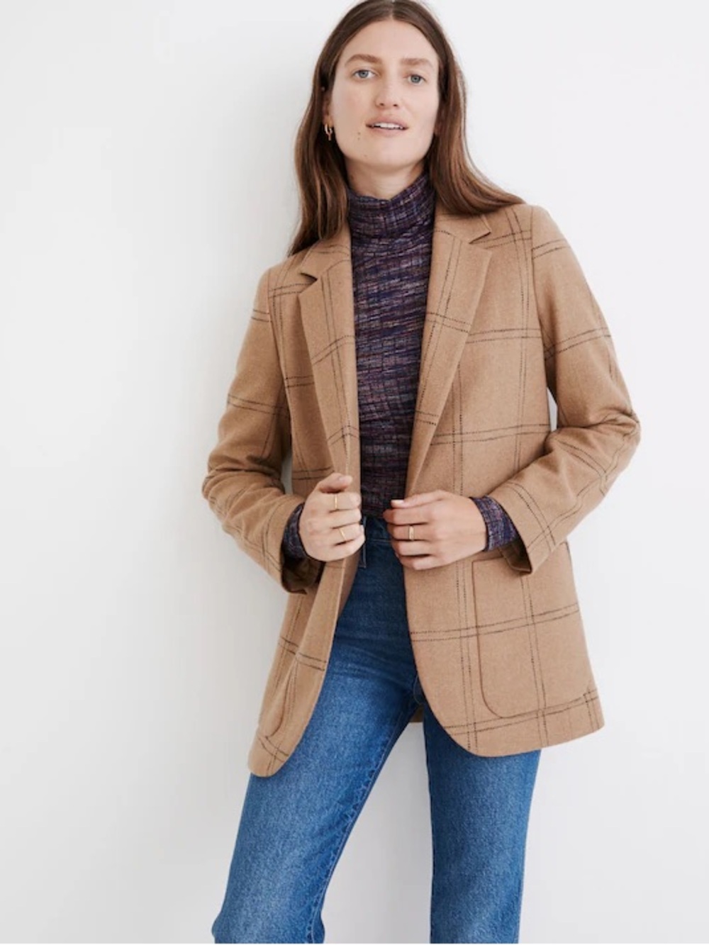 New with tags Madewell Larsen Windowpane Check Recycled Wool Blend Blazer Tan M - Picture 5 of 11